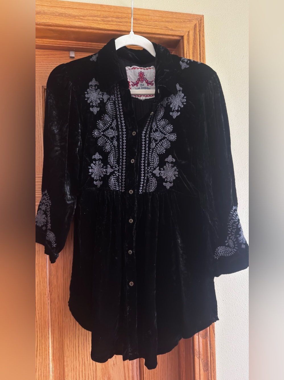 Johnny Was Black Velvet Button-Up Tunic with Gray Embroidery